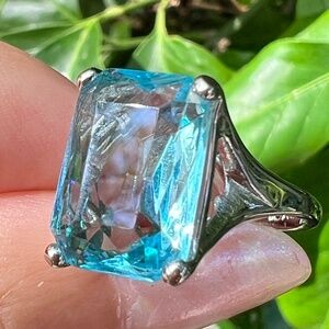 LARGE EMERALD CUT AQUA BLUE COLOR PASTE GLASS RING 18K GE STATEMENT ENGAGEMENT